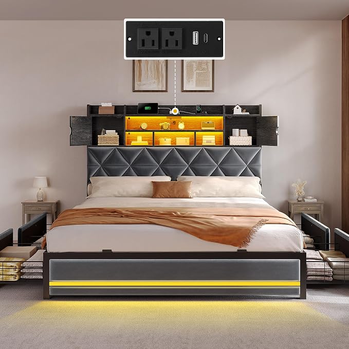 YITAHOME Queen Size Bed Frame with RGB LED Lights & Storage Bookcase Headboard, Upholstered Bed with Charging Station and 4 Drawers, No Box Spring Needed, Easy Assembly, Noise-Free, Velvet Grey