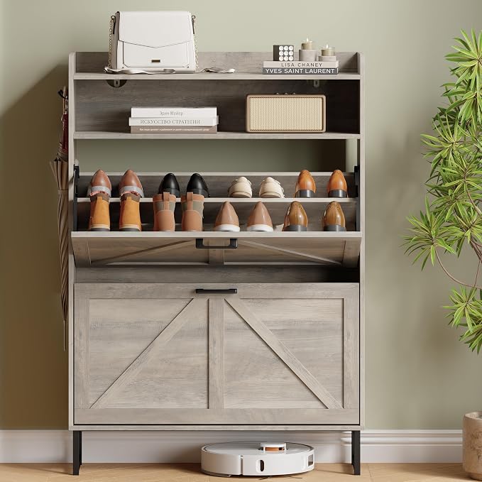 Shoe Cabinet with 2 Flip Drawers, Freestanding Hidden Shoe Storage Organizer for Entryway, Narrow Slim Shoe Rack Cabinet with Open Storage & Hooks for Front Door Entrance, Living Room, Hallway, Grey