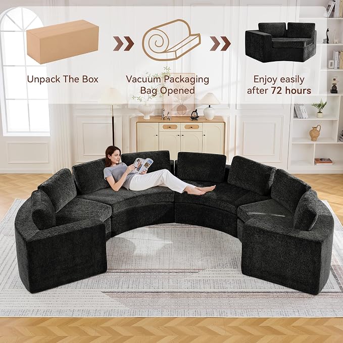 WUTUTUEE 142'' Curved Round Boneless Couch, Oversized Half Moon Sofa with Deep Seat & Arms, Chenille Modular Sectional Sofa with Pillows, Upholstered Comfy 8 Seat Couch for Living Room, Black