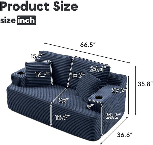 66.5'' Boneless Sofa Couch with Cup Holders & Side Pockets, Modern Corduroy Fabric Upholstered Loveseat Couch with 2 Throw Pillows for Living Room Office, No Assembly (Blue)