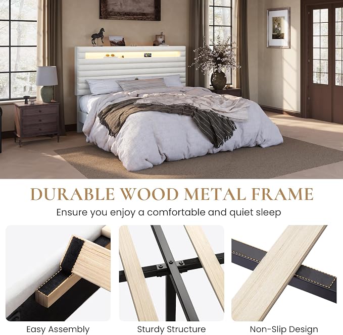 SHA CERLIN King Bed Frame with LED Light & 2-Tier Storage Shelf, Velvet Upholstered Adjustable Headboard with Charing Station, Horizontal Channel Tufted, No Box Spring Needed, Easy Assembly, White