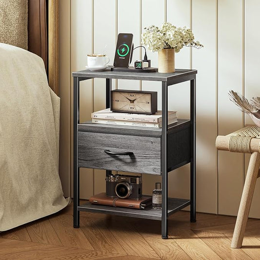 SUPERJARE Nightstand with Charging Station, Bed Side Table with Adjustable Fabric Drawer, Night Stand for Bedroom, 3-Tier Storage End Table, for Living Room, Grey
