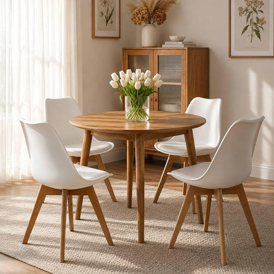 CangLong Dining Chairs Set of 4, Mid Century Modern Kitchen and Dining Chair, Soft Padded Dining Desk Chairs with Wood Legs, for Kitchen, Dining, Living Room & Bedroom, White