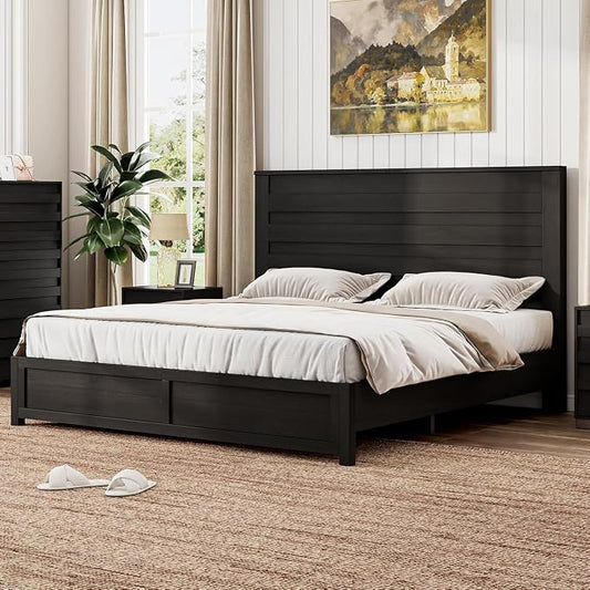 LUXOAK 2 Pcs Bedroom Furniture Sets - Includes 1 X Farmhouse 6 Drawers Dresser, 1X Farmhouse Queen Size Bed Frame with 49" Tall Headboard, Wooden Platform Bed with Hidden Metal Bed Frame, Black