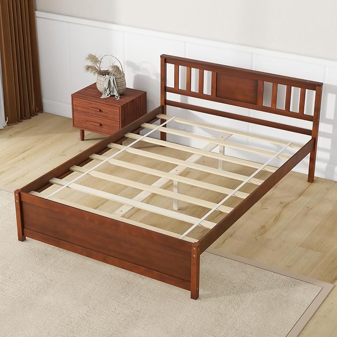 Giantex Full Size Solid Wood Platform Bed Frame, Mid Century Full Bed Frame with Headboard, Wood Slat Support, Double Panel Bed, No Box Spring Needed, Easy Assembly, Walnut