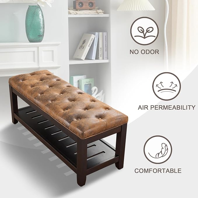 adochr PU Leather Large Rectangular Ottoman with Storage, Upholstered Entryway Bench for Living Room, Oversized Button Tufted Ottoman with Wood Shelf Storage, Brown