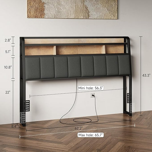 Queen Headboard Only with Storage, Upholstered Headboards for Queen Size Bed with LED Light, Charging Station, Height Adjustable, Sturdy and Stable Headboard, Black & Brown