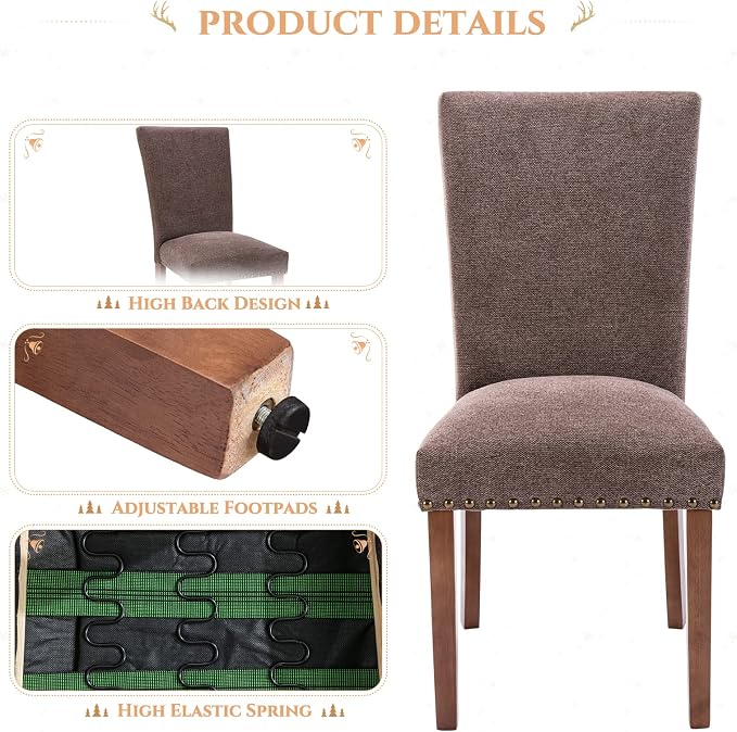 Parsons Dining Chairs Set of 6, Upholstered Nailhead Dining Room Kitchen Side Chair with Thick Cushions and Wood Legs, Brown