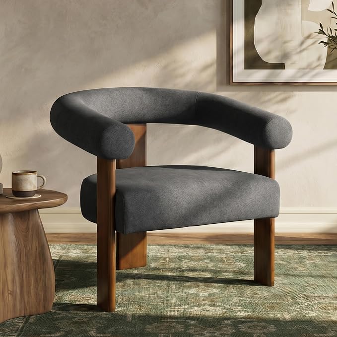 VKNOW Accent Chairs Set of 2, Living Room Chairs with Walnut Legs, Charcoal | Mohair-type Fabric, Barrel Back, Armrests, For Adults and Family, Living Room, Bedroom, Vanity, No Wobble, Easy Assembly