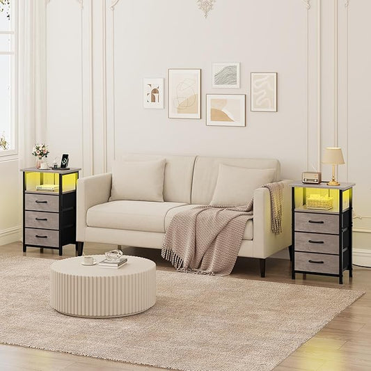 Vagusicc Night Stand Set 2 with Charging Station, LED Nightstand for Bedroom, Bedside Table with 3 Fabric Drawers, End Table Side Table with USB Ports & Outlets, Bed Side Table for Bedroom, Greige