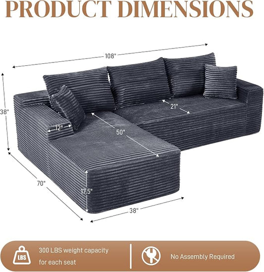 108" L Shaped Cloud Boneless Sectional Couches for Living Room, Modern Comfy Modular Deep Seat Memory Foam Compressed Corduroy Sofa Oversized Left Facing Chaise, No Assembly Required, Grey