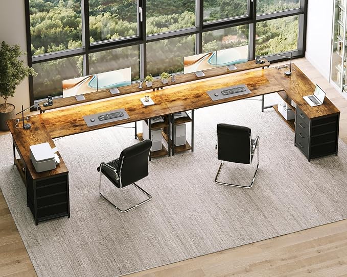 AODK 69" L Shaped Desk with Drawer, Computer Desk with Power Outlets & LED Lights, Reversible Corner Gaming Desks for Home Office Workstation, Office Table with Monitor Shelf, Vintage
