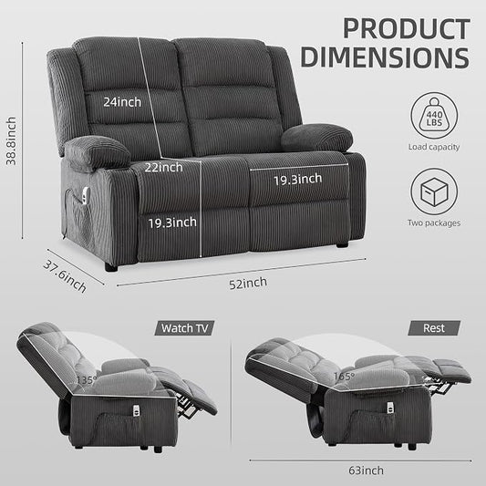 52Inch Reclining Loveseat Sofa,Power Loveseat Recliner,Electric Love seat Recliner Sofa for Bedroom,Living Room with Charging Ports,Striped Grey