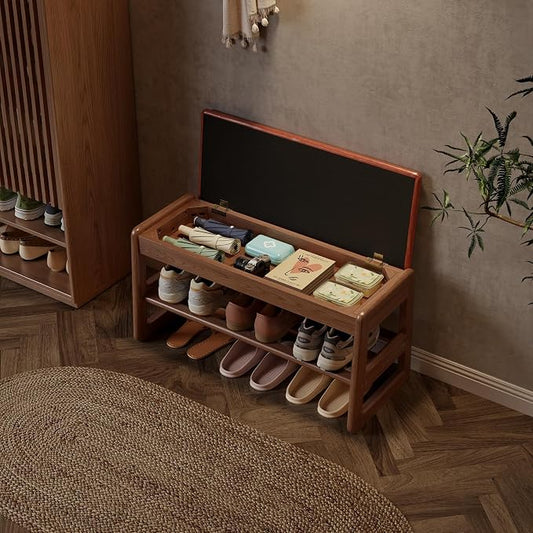 AQIMUELE Shoe Rack Bench,2 Tiers Shoe Bench with Storage with Flip-Top,Wood Shoe Rack for Entryway,Hallway(Orange Upholstered Seat,11.8" D x 31.5" W x 15.7" H)