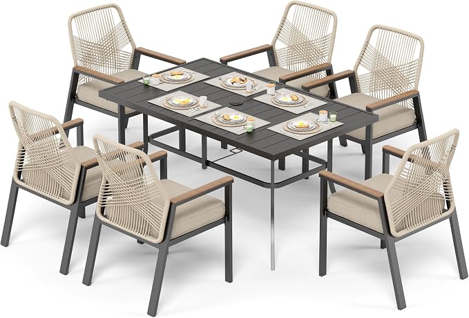 7pc Patio Dining Set for 6, Outdoor 59" Metal Table & Woven Rattan Chairs | 6 cushioned chairs + rectangle steel table. Waterproof, stain-resistant & wipe-clean. Ideal for backyard, garden & poolside.