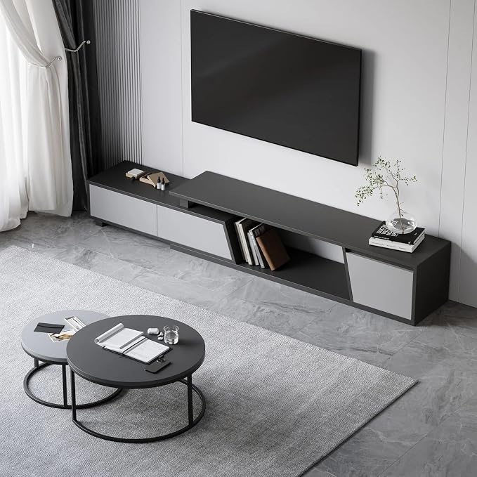 homary Extendable TV Stand with 3 Drawers Minimalist Rectangle Entertainment Center Walnut TV Console Table Up to 110"