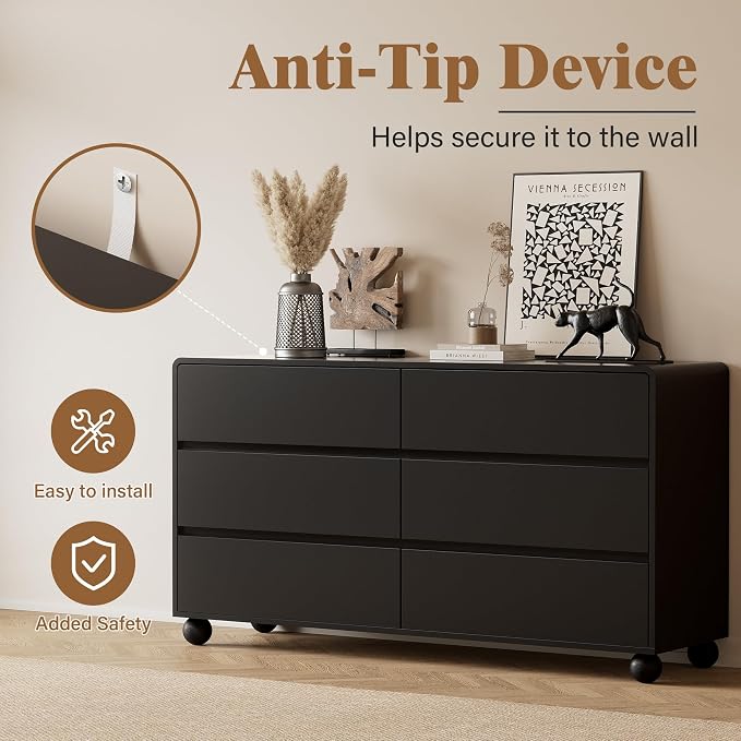Furniway 3 Piece Bedroom Set, 6 Drawer Dresser and 2 Drawer Nightstand Set of 2 with Round Legs, Modern Wood Chest of Drawers Storage Cabinet for Bedroom, Black