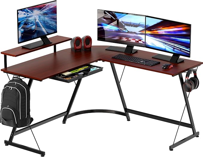 SHW 51 x 51 Inches Vista L-Shaped Desk with Monitor Stand and Drawer, Cherry