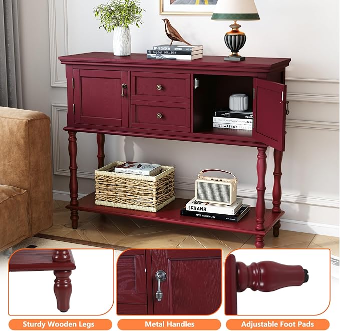 ARTPOWER Console Table with 2 Drawers, Retro Entryway Table with 2 Door Cabinets and Open Storage Shelf, Narrow Long Behind Couch Sofa Table for Living Room, Foyer, Hallway, Red