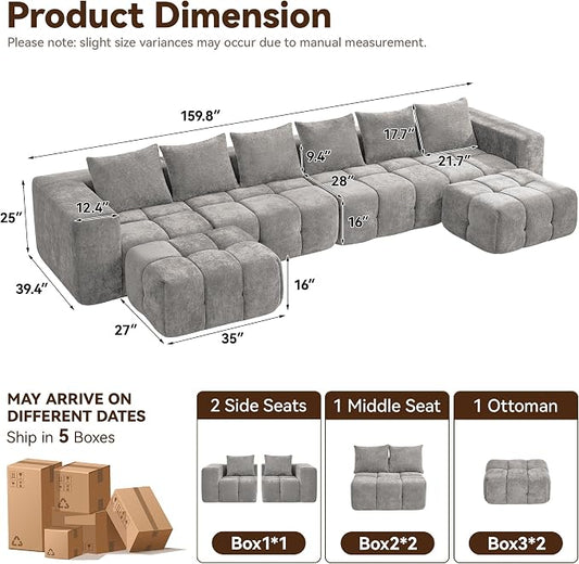 160" Boneless U-Shaped Sofa Couch with 2 Ottoman, 6 Seater Comfy Cloud Sectional Sofas with Deep Seat, Oversized Chenille Sectional Memory Foam Couches for Living Room Bedroom, Tufted Sofa, Light Grey