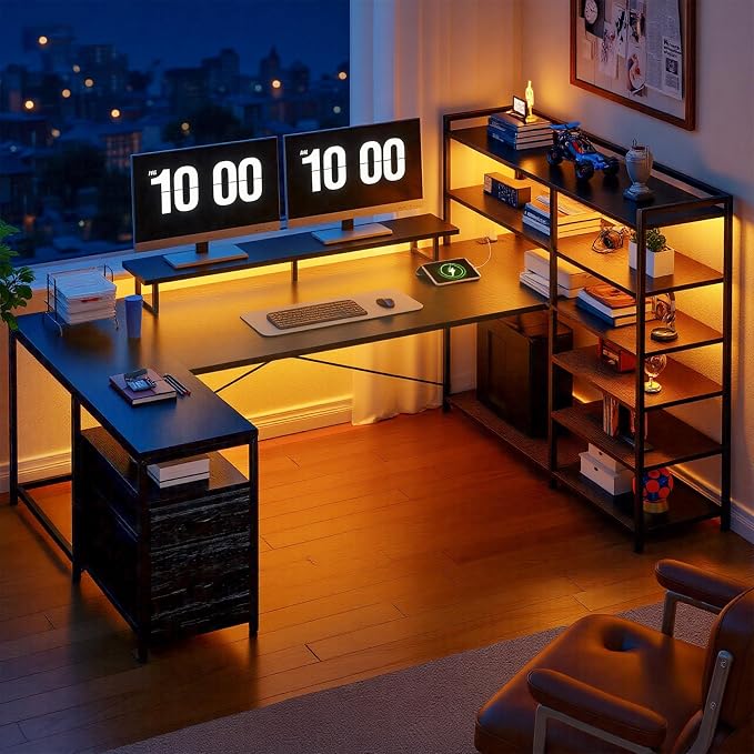 DurayLoly 63" L Shaped Gaming Desk with Monitor Stand & CPU Stand, Reversible Corner Desk with 6-Tier Shelves& 2 Fabric Drawers, Ergonomic Computer Desk with Power Outlet & LED Lights,Black