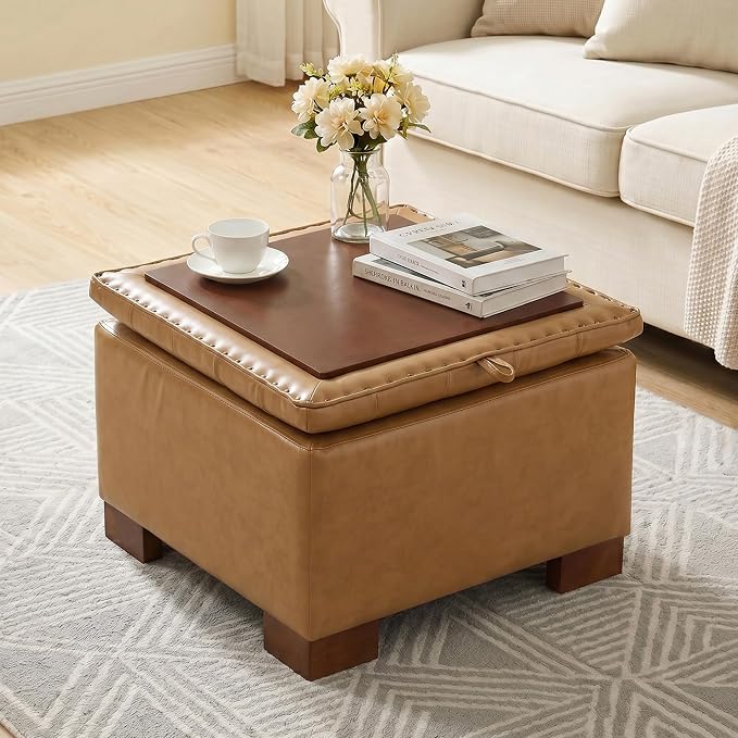 24 Inch Square Storage Ottoman Coffee Table, Modern Tufted Upholstered Ottoman with Flip Tray and Solid Wood Legs, Suitable for Living Rooms, Faux Leather Brown