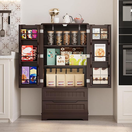 Gizoon Kitchen Pantry Cabinet with Drawers, 47" Small Food Pantry Storage Cabinet with 6 Door Shelves for Snack and Spice, Freestanding Craft Storage Cabinet for Craft Room, Dark Brown, Painted