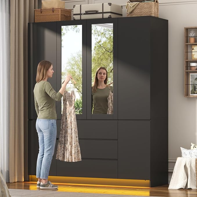 4 Doors Armoire Wooden Wardrobe Closet with 3 Drawers & 2 Mirror, 75"H Clothing Storage Cabinet with Hanging Rod,Modern Bedroom Large Freestanding Armoires with Led Lights for Bedroom, Black