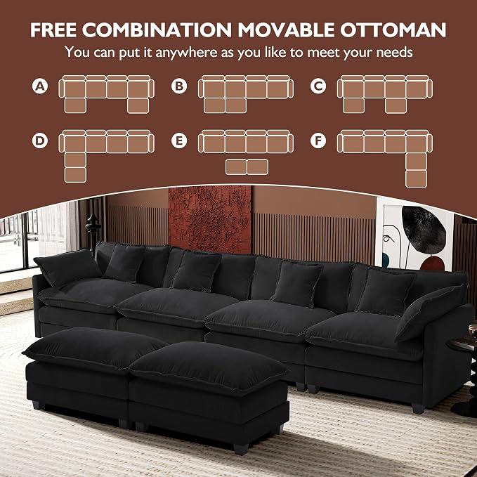 Ihanherry U-Shaped Modern Sofa 146" Modular Sectional Cloud Couch with 2 Ottoman, 6-Seat Chenille Deep Seat Sofa with 6 Pillows for Living Room, Black