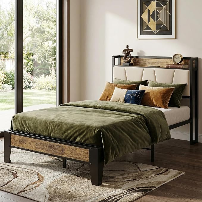 LIKIMIO Twin Bed Frames with Storage Headboard & Charging Station | Upholstered Headboard, Storage Shelf, Solid and Stable, Noise Free, No Box Spring Needed, Easy Assembly (Walnut and Beige)