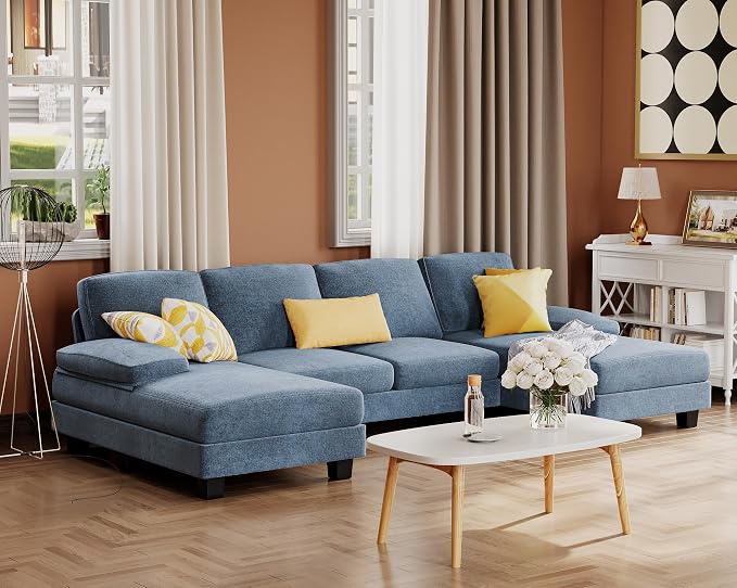 Furmax Sectional Couches for Living Room, U-Shaped Sofa Couch with Linen Fabric, 4 Seat Sofa Set with Double Chaise for Apartment (Chenille, Light Blue)