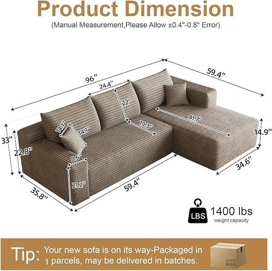 AUGOP 96" Sectional Couches for Living Room Modern Modular Sofa with L-Shape Couchs Upholstered Boneless Couch Deep Seat Sectional Couch with Chaise (Camel, 96" Right Facing Chaise+2Seaters)