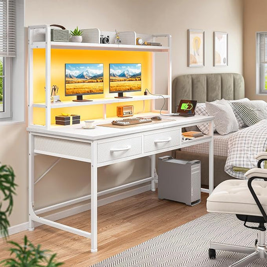 DurayLoly 39.4" Computer Desk with Monitor Stand, LED Lights & Power Outlet, Gaming Desk with Drawers, 4-Tier Storage Shelves for Home Office & Bedroom Small Space Office Desk, White