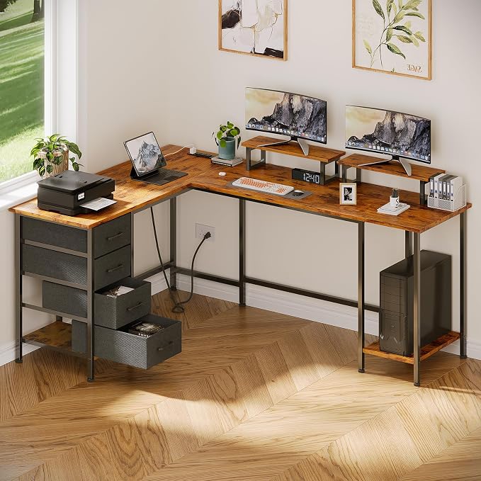 Korfile 66" L Shaped Computer Desk with Power Outlets, Home Office Desk with 4 Adjustable Storage Drawers & 2 Monitor Stands, Large Two Person Gaming Table for Writing Study, Rustic Brown