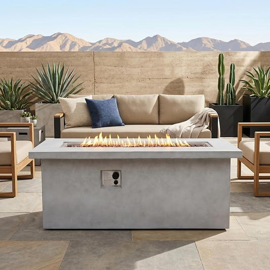 60" Outdoor Propane Fire Pit Table, Rectangular Concrete Gas Fire Pit with 60,000 BTU Heating, Hidden Tank Storage, Electronic Ignition, Lava Rocks & Cover for Patio Backyard Deck Garden, Dark Grey