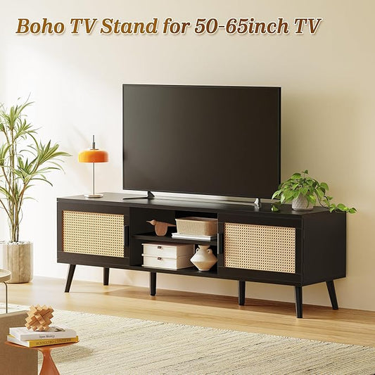 SUPERJARE TV Stand for 65 Inch TV, Entertainment Center with Adjustable Shelf, Rattan TV Console with 2 Cabinets, Media Console, Solid Wood Feet, 4 Cord Holes, for Living Room, Black