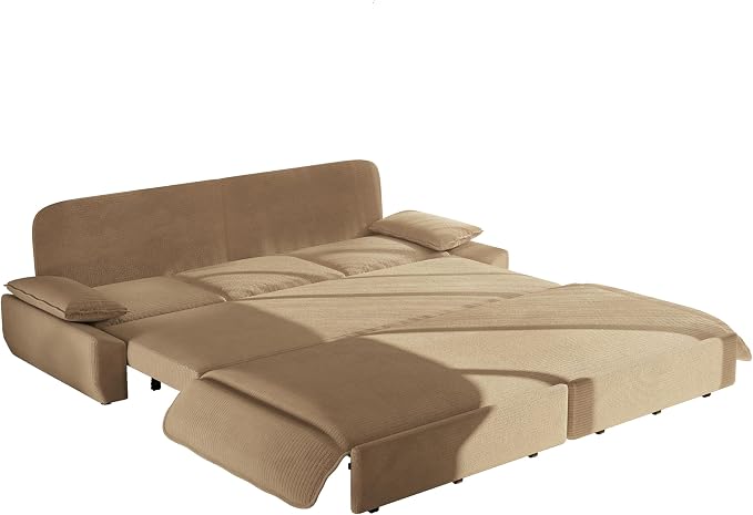 94.5'' Sleeper Sofa Bed King Size, Modern Corduroy Pull Out Couch, 3-in-1 Convertible Futon Sofa, 3 Seater Couches, Cloud Recliner, Pillow Arm, for Living Room, Apartment, RV, Offices, Camel