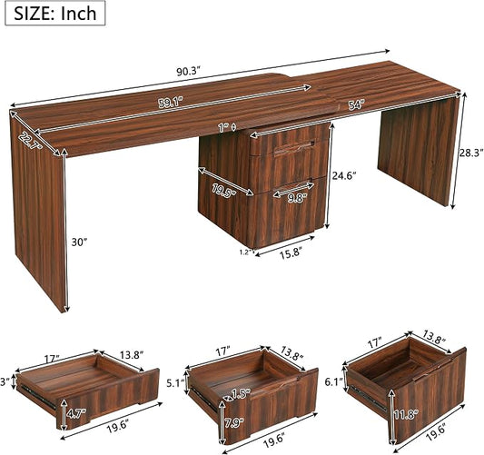 90” Modern L-Shaped Desk with 3 Drawers, 360° Wood Rotating Desk, Workstation for Home Office, Living Room, Walnut