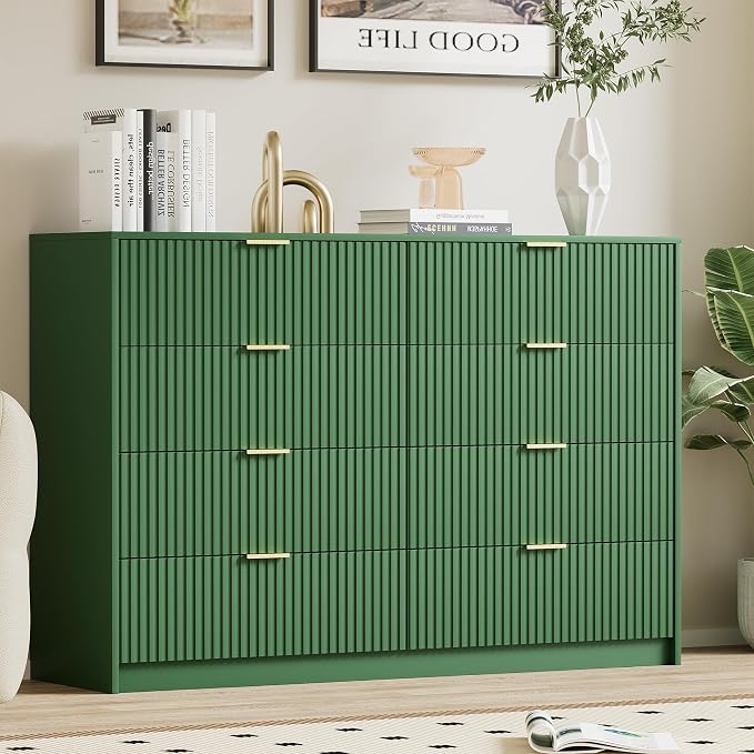 Furniway Green Dresser for Bedroom, Modern Dresser with 8 Drawers and Smooth Slides, Wide Chest of Drawers with Golden Handles for Bedroom, Closet, 15.7" D x 55" W x 37.4" H