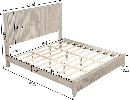 3-Pieces Bedroom Sets, King Size Platform Bed with 2 Nightstands, Solid Wood Platform Bed Frame with Tall Headboard and Classic American Turned Legs (Beige-5.25, King)