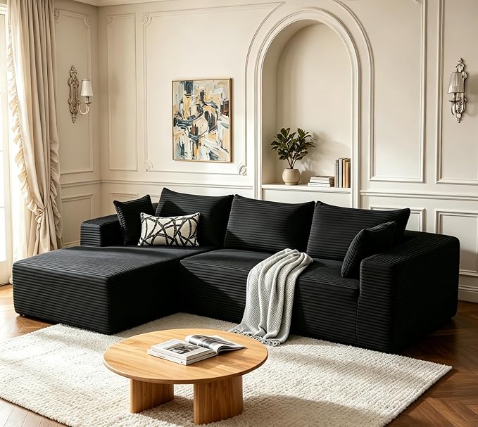 Mangodan 110” Cloud Sectional Couch, Boneless Sofa for Living Room, Modular Sectional Sofa with Deep Seat, Comfy Fluffy Couch with L-Shaped Chaise, No Assembly Required (Left-Facing Chaise, Black)