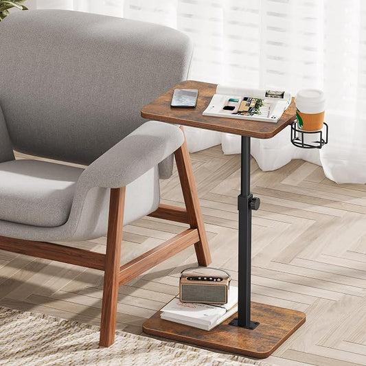 Giikin TV Tray Table, 360° Swivel Height Adjustable TV Trays for Eating on Couch,Sofa Armrest Side Table for Small Spaces Sofa Bed Dinner, Rustic Brown