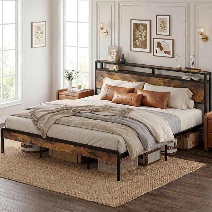 LIKIMIO King Size Bed Frame, Platform Bed with 2-Tier Storage Headboard | Metal Bed Frame, Solid and Stable, Noise Free, No Box Spring Needed, Easy Assembly, Durable, Industrial Brown