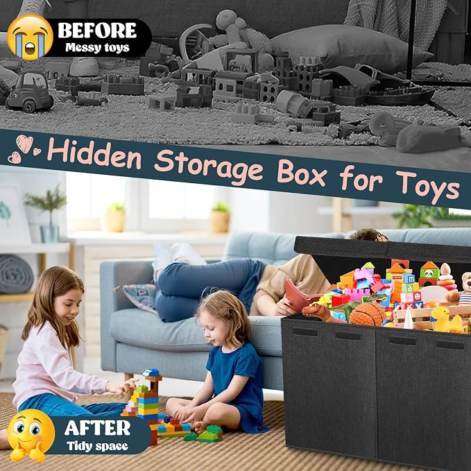 Extra Large Toy Box with Lids - Sturdy Collapsible Kids Storage Organizer Big Bin Chest Basket with Dividers for Boys Girls, Bedroom, Nursery, Living Room, Playroom Organization, 38"x16"x14", Black