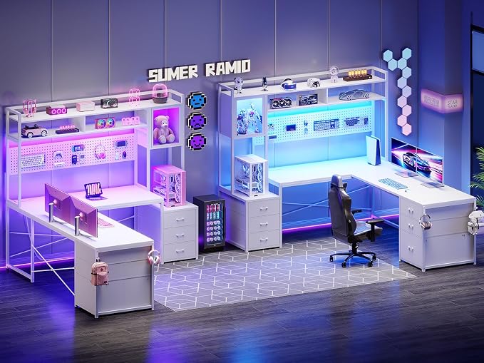 SEDETA L Shaped Gaming Desk with Drawers, Reversible Computer Corner Desk with File Drawer, Hutch, Storage Shelves for Home Office, Gaming Two Person Desk with Led Lights, Power Outlet, White