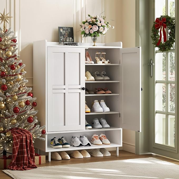 ComfyCorner White 7+1 Tier Farmhouse Shoe Storage Cabinet - 45" Tall Entryway Organizer with Cross Molding Doors, 3 Adjustable Shelves & Metal Legs, Shoe Rack for Front Door Entrance