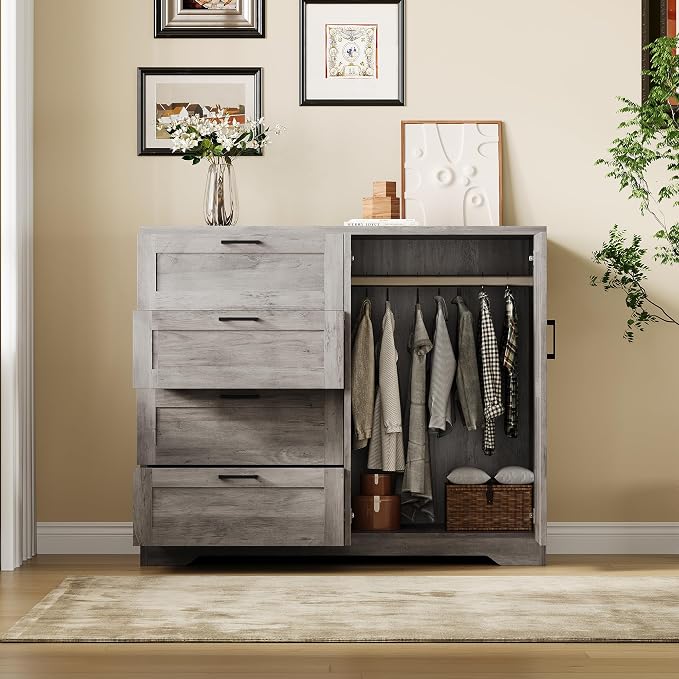 IDEALHOUSE 43.3'' H Armoire Wardrobe Closet with 4 Drawers and 2 Doors, Hanging Rod, Multifunctional Wooden Dresser with Storage Closet, Bathroom Cabinet for Bedroom, Gray