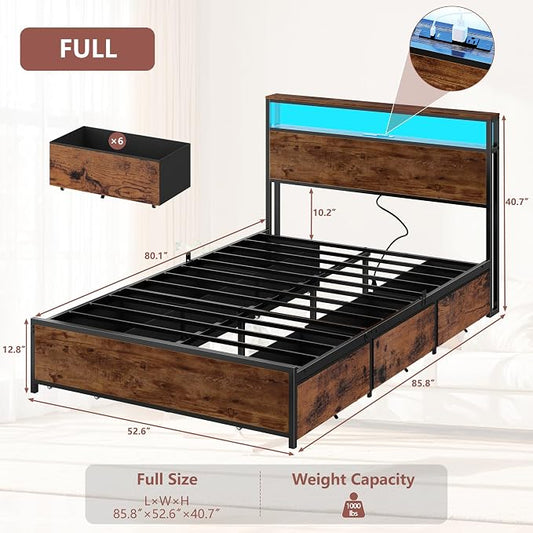 Forestell Full Size Bed Frame with Storage Headboard & 6 Drawers,Sturdy Platform Bed Frame Full with Charging Station,LED Lights,2-Tier Wood Shelf Industrial Bedframe-Noise Free/No Box Spring Needed
