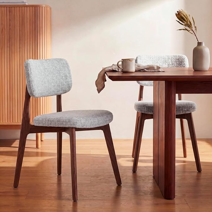 COLAMY Dining Chairs Set of 2, Modern Upholstered Kitchen Room Chairs with Solid Red Oak Wood Legs, 5-Min Easy Assembly Anti-Wobble, High-Weight Fabric Farmhouse Side Chair, 300lbsWalnut,Beige