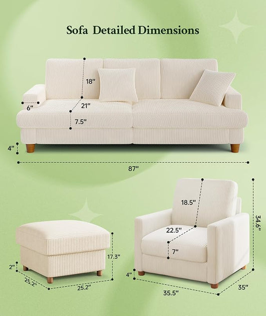 Welzona 87.2" Couches for Living Room, Comfy Sofa Set Tool-Free Setup, Corduroy Couch Set 7.5" Thicker Cushion, Accent Chair with Ottoman 848lbs Support, Sofas for Living Room Home Office, Beige